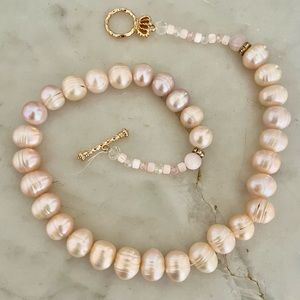 Genuine natural Fresh water blush pink white pearl necklace & morganite stones